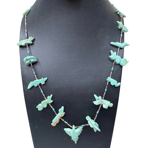 Vintage Zuni Carved Turquoise Thunderbird Fetish Heishi Beaded Necklace 32" READ - Picture 2 of 10